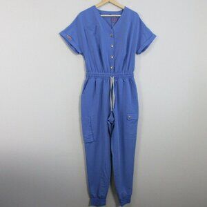 Joccini Short Sleeve Jumpsuit Women's M Blue Stretch Button Drawstring 566